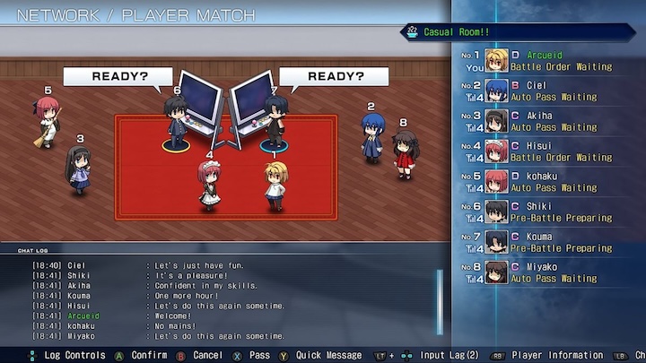 A screenshot of Melty Blood: Type Lumina showing off the online lobby, complete with chibi versions of the characters.