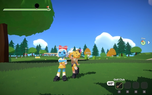 A screenshot from *Super Battle Golf* showing two player characters posing for the camera.